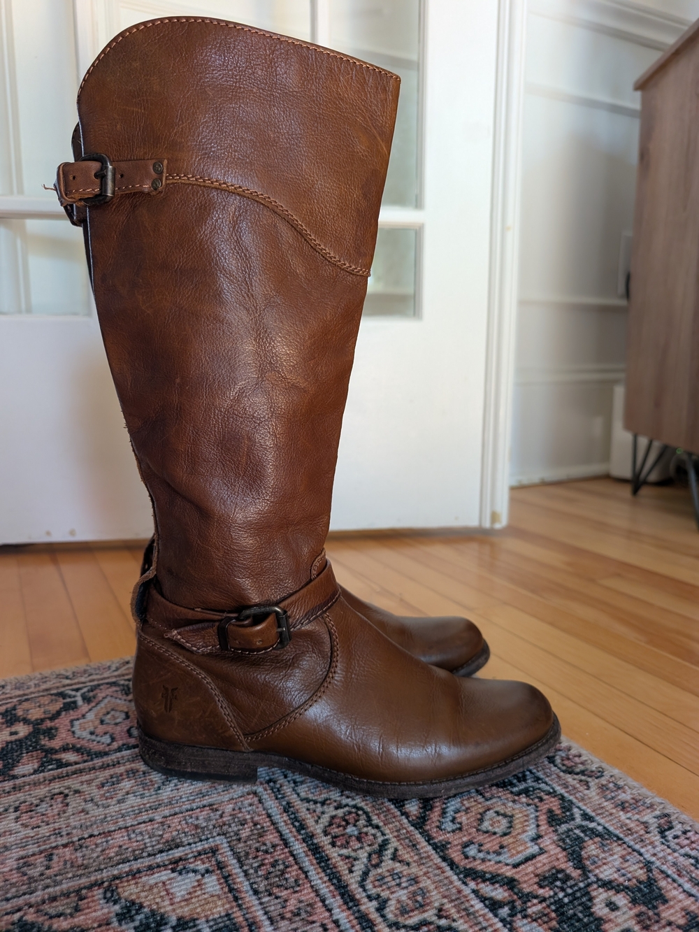 Frye Cognac Brown Tall Leather Buckle Riding Boots